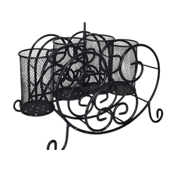 Vintage Black Metal Mesh Scroll Tabletop Utensil Napkin Buffet Caddy Organizer - Picture 8 of 14